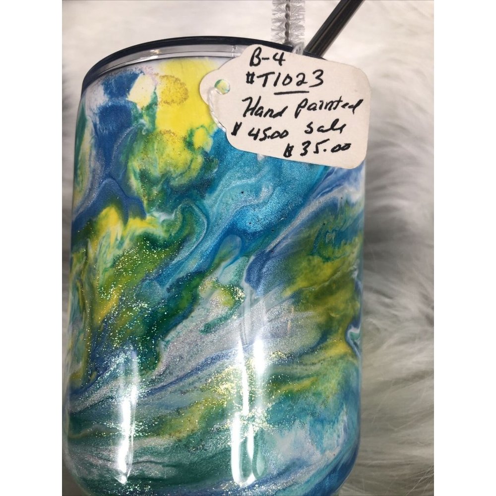 32 Ounce Tumbler Hand Painted Teal’s Blues Yellows Pearls & Glitter Lid Custom - Picture 16 of 16